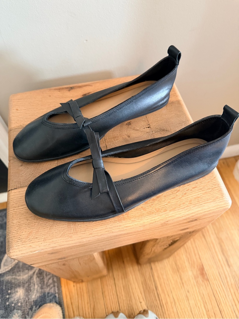 Free People Black Leather Ballet Flats with Bow Strap